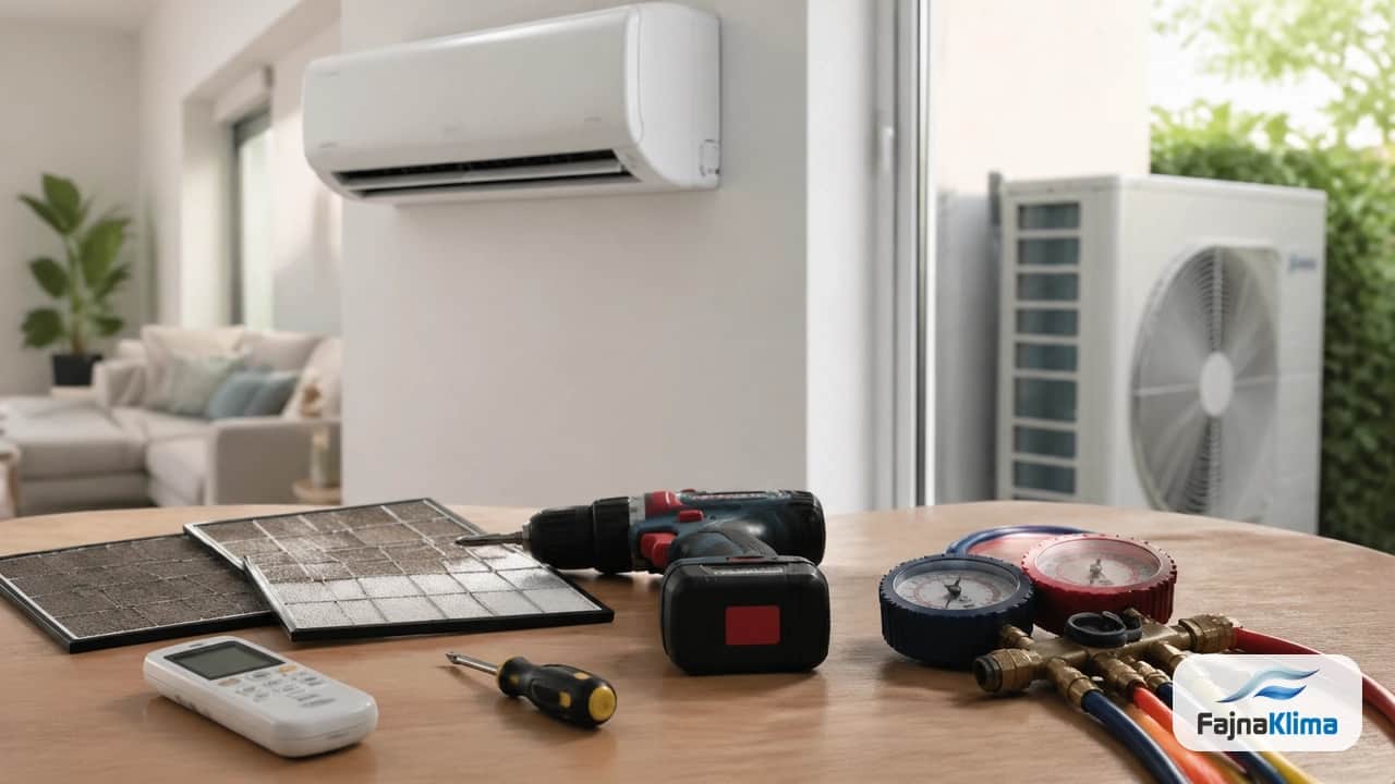 Serwisant sprawdzający klimatyzator, filtry i jednostkę zewnętrzną