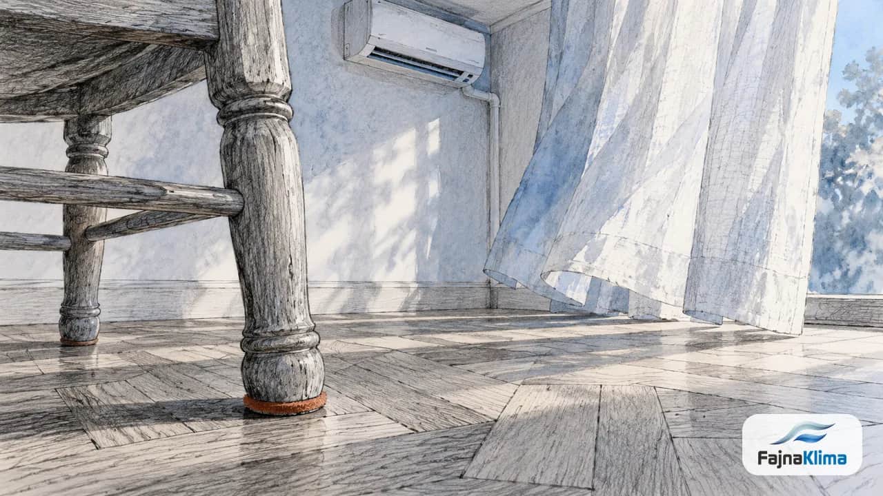 Detal parkietu i drewnianej nogi krzesła przy poruszanej firance.