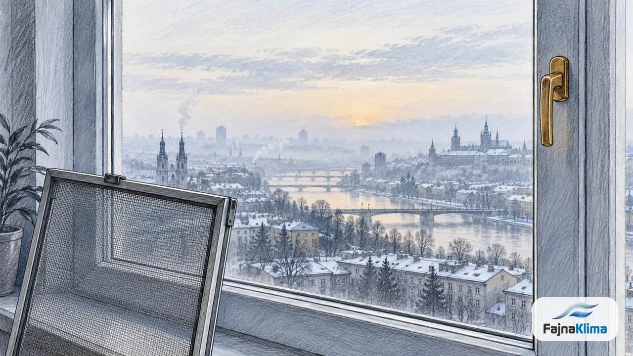 Zamglona panorama miasta widziana przez czyste okno z filtrem w pierwszym planie.