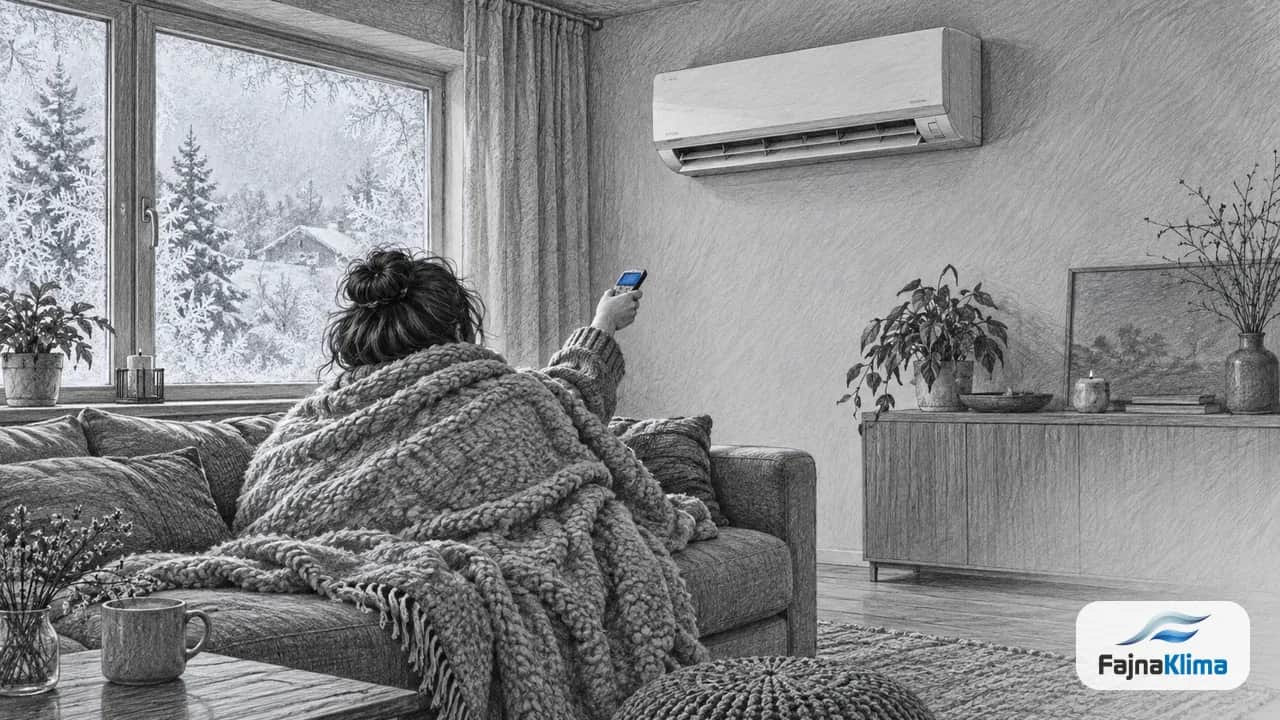 Szkic: osoba owinięta kocem na kanapie kieruje pilota na klimatyzator ścienny, za oknem szron i śnieg