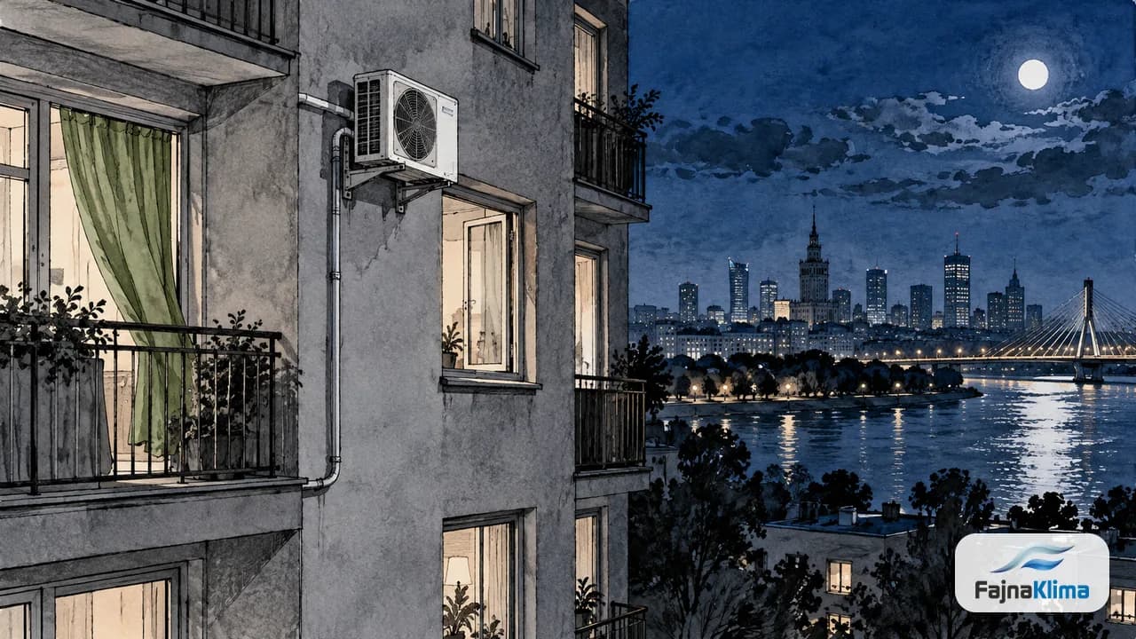 Nocna elewacja bloku z jednostką odsuniętą od otwartego sąsiedniego okna.
