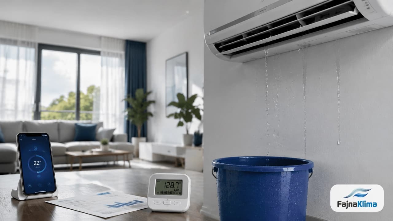 Technik FajnaKlima sprawdzający wyciek wody z klimatyzacji ściennej w mieszkaniu