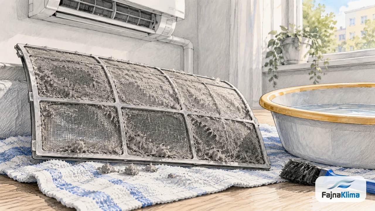 Zakurzony filtr wielorazowy klimatyzatora leży obok miski i szczotki.