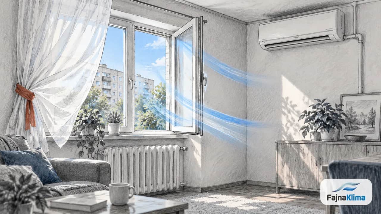 Uchylone okno i poruszona firanka podczas krótkiego wietrzenia mieszkania.