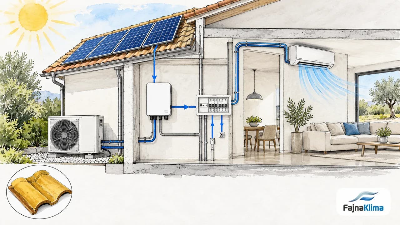 Schematyczny przekrój panelu słonecznego i obwodu zasilającego klimatyzator.