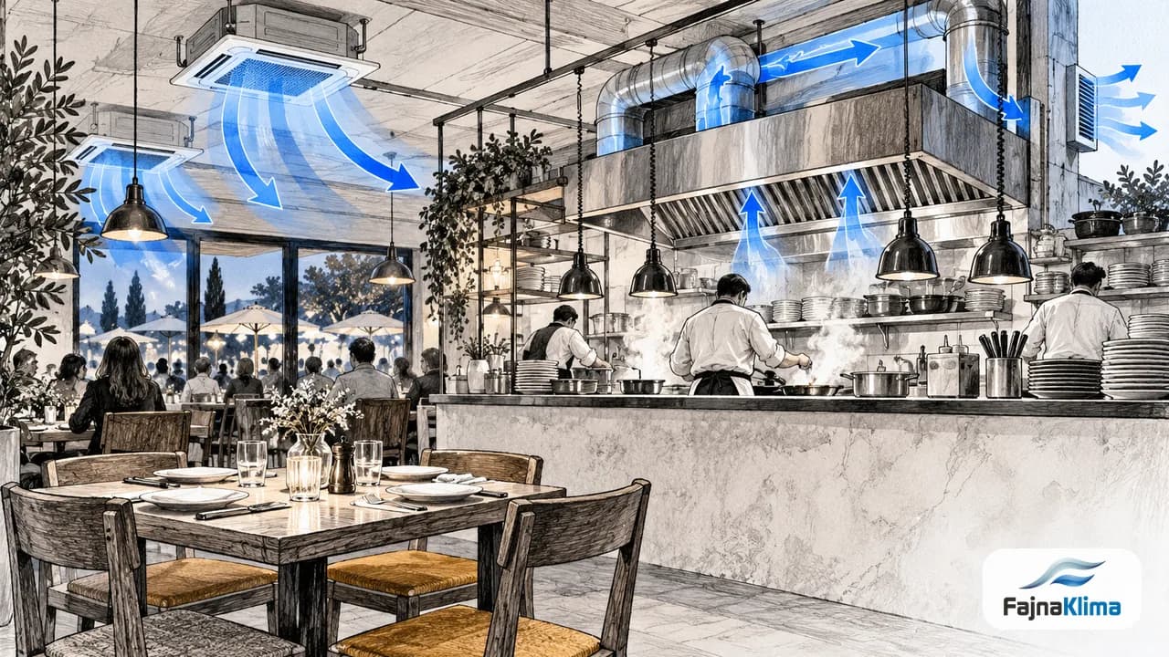 Restauracyjna kuchnia i sala z oddzielonymi strefami nawiewu.