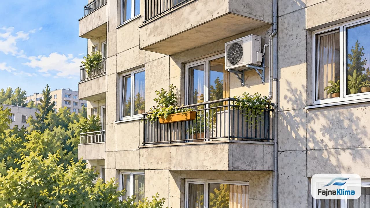 Blok z wielkiej płyty z jednostką na balkonie i zachowanym odstępem.