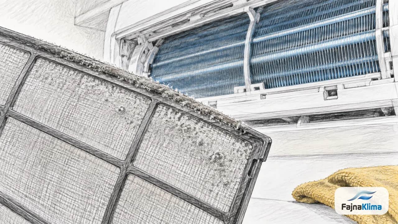 Kurz osiadł na krawędzi filtra wstępnego klimatyzatora.