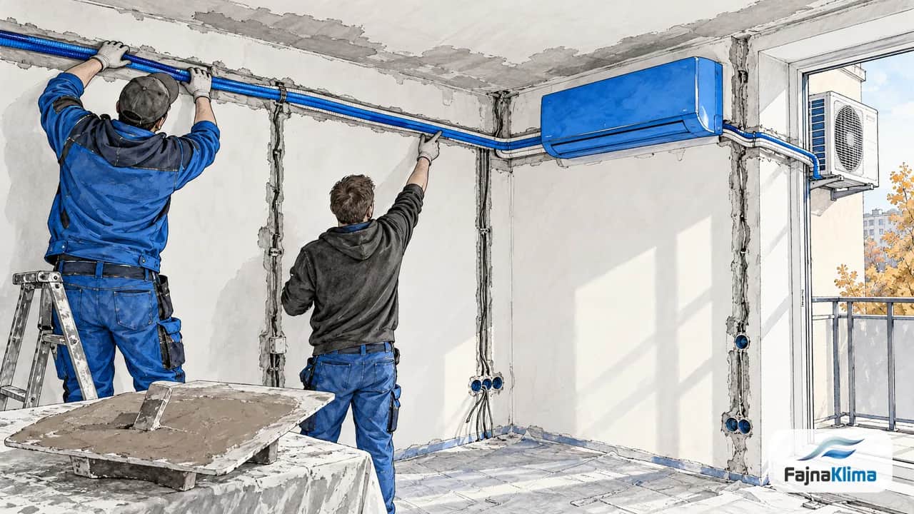 Remontowane mieszkanie z otwartą bruzdą i dłońmi planującymi trasę instalacji.