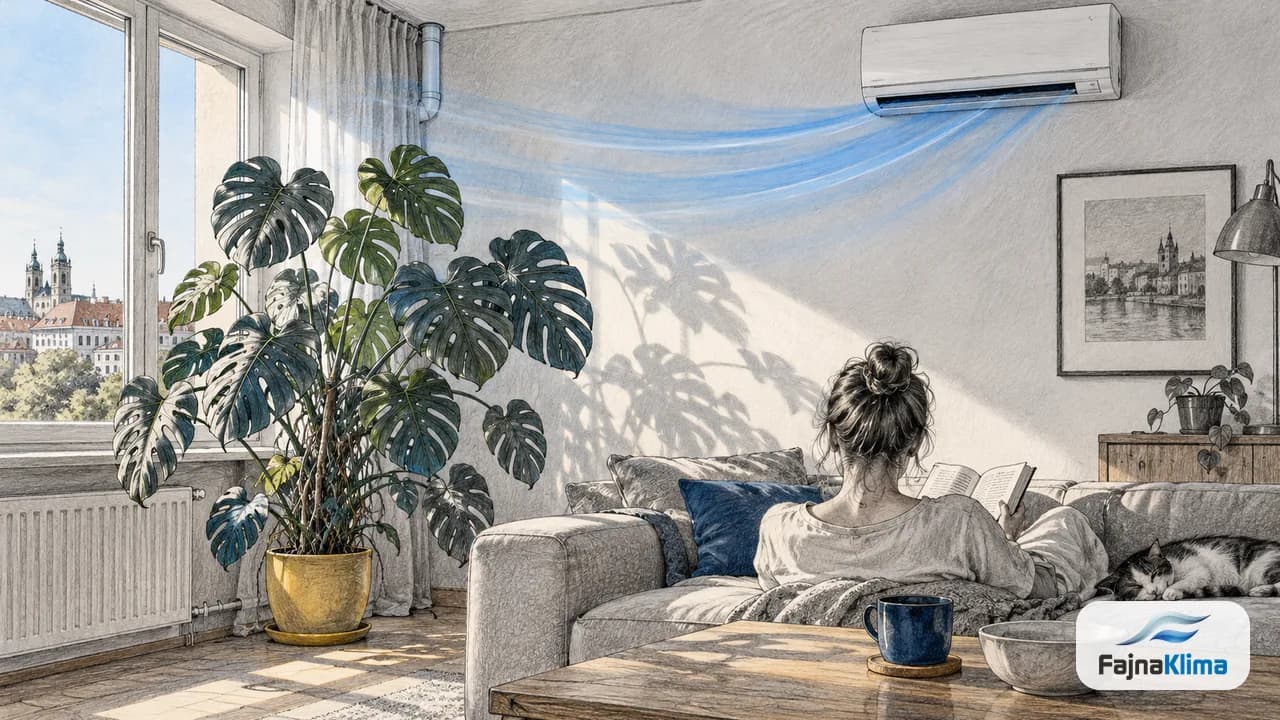 Monstera przy oknie poza bezpośrednim strumieniem chłodnego powietrza.