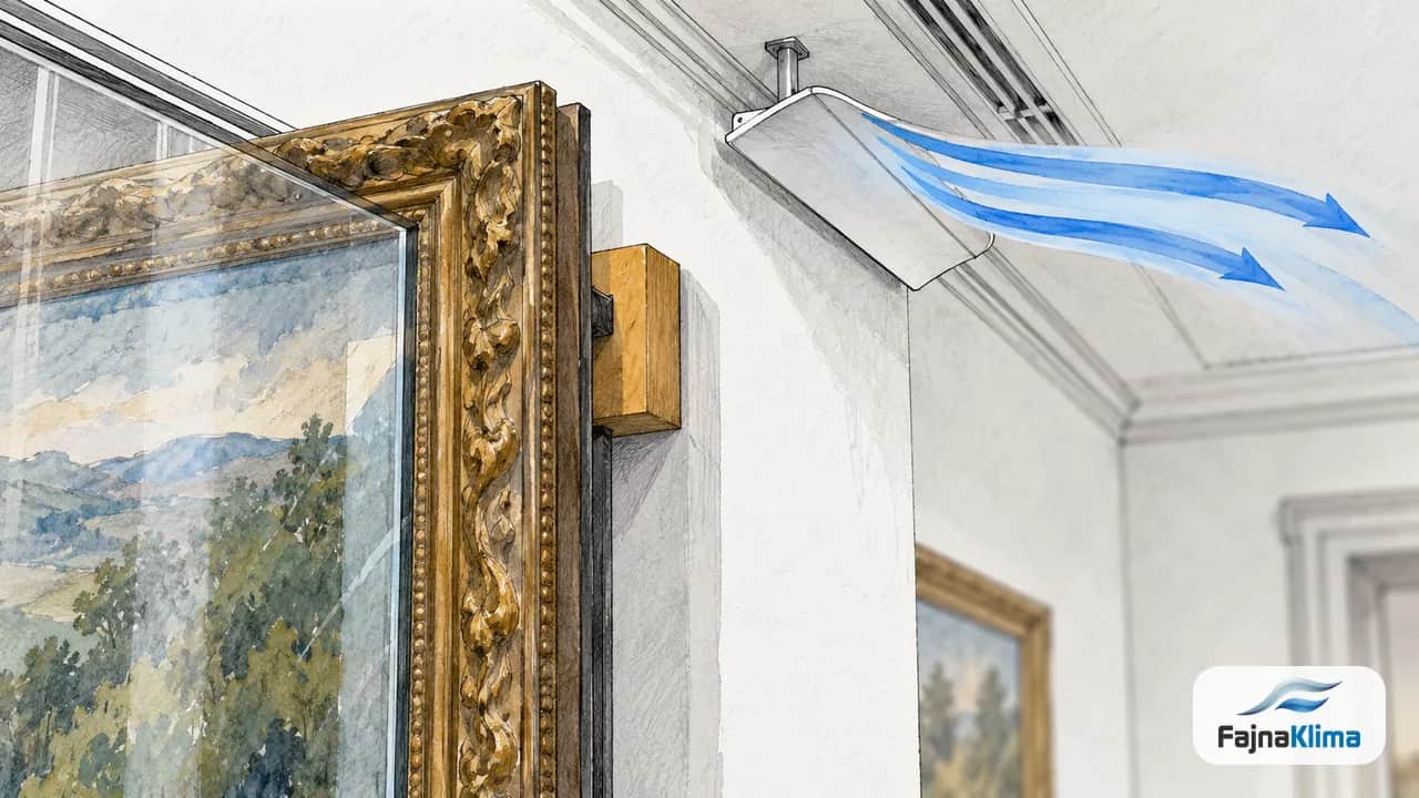 Oprawiony obraz pod szybą i nawiewnik kierujący powietrze poza dzieło.