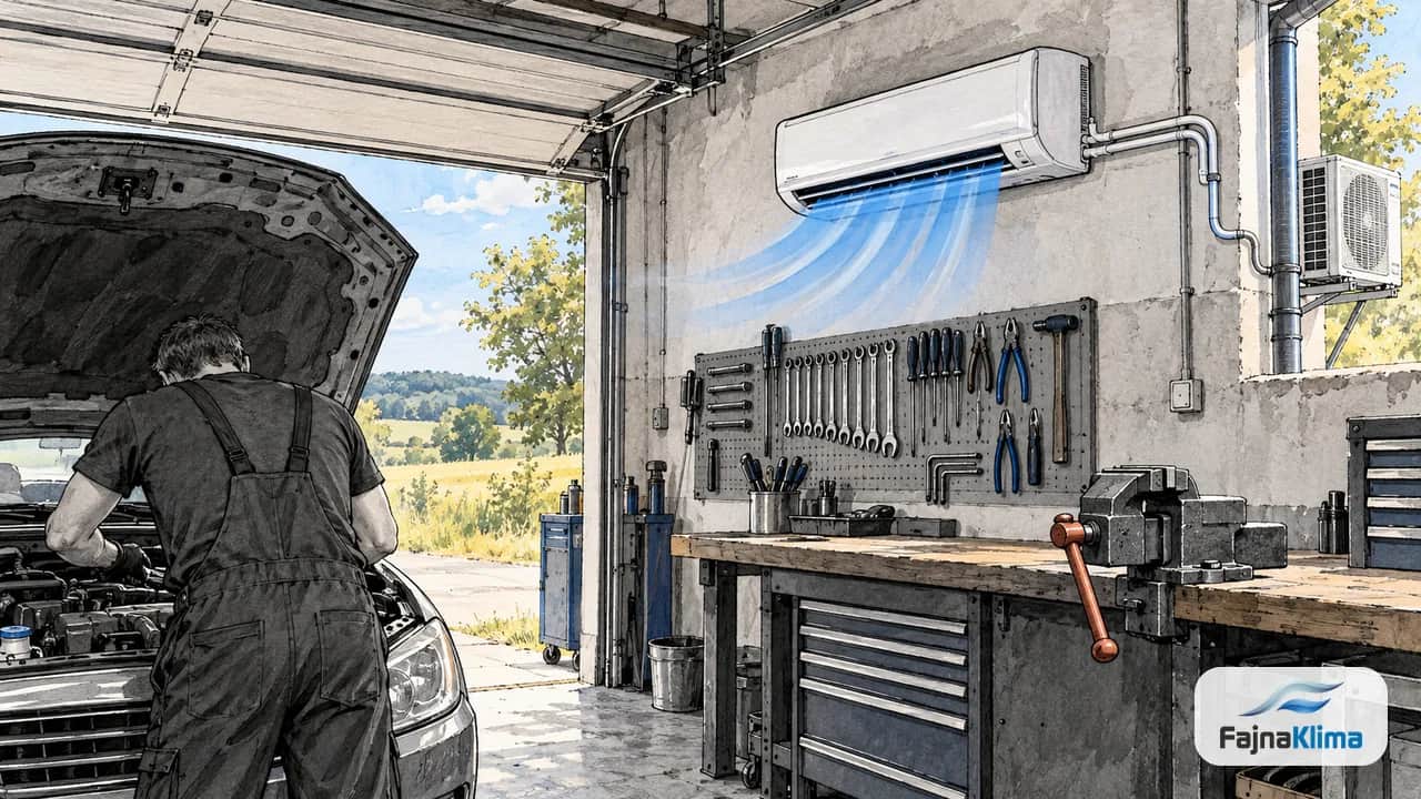 Warsztatowy stół z narzędziami i otwartą maską samochodu pod nawiewem.