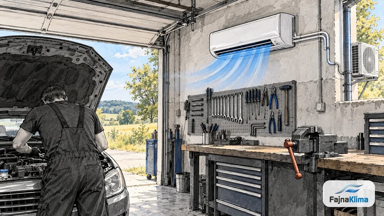 Warsztatowy stół z narzędziami i otwartą maską samochodu pod nawiewem.