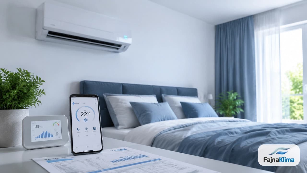 Nowoczesny klimatyzator z nawiewem rozproszonym zamontowany w jasnej sypialni nad drzwiami.
