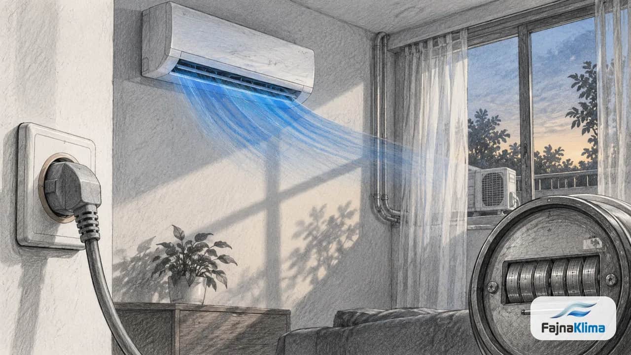 Wtyczka i nieoznaczone koło licznika przy klimatyzatorze w letnim pokoju.