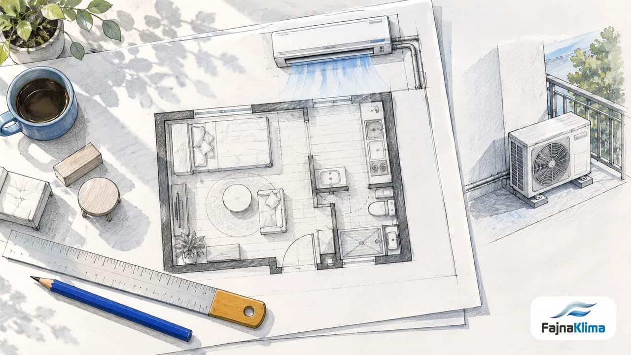 Widok z góry na kompaktową jednostkę, plan mieszkania i małe meble.