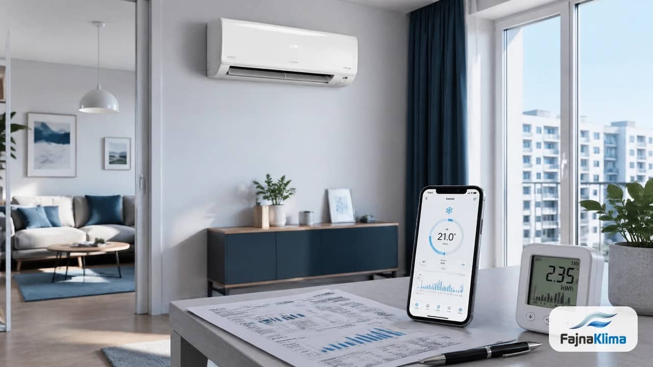 Klimatyzator w bloku pracujący w trybie grzania podczas chłodnego wieczoru