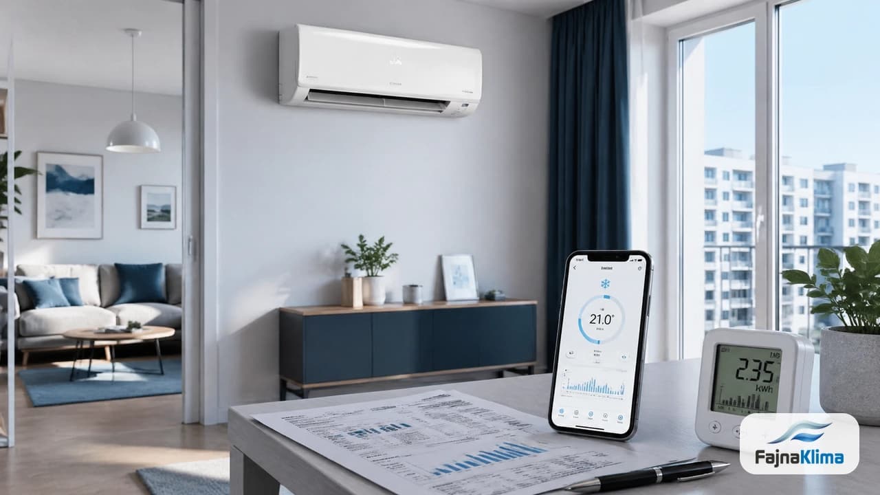 Klimatyzator w bloku pracujący w trybie grzania podczas chłodnego wieczoru