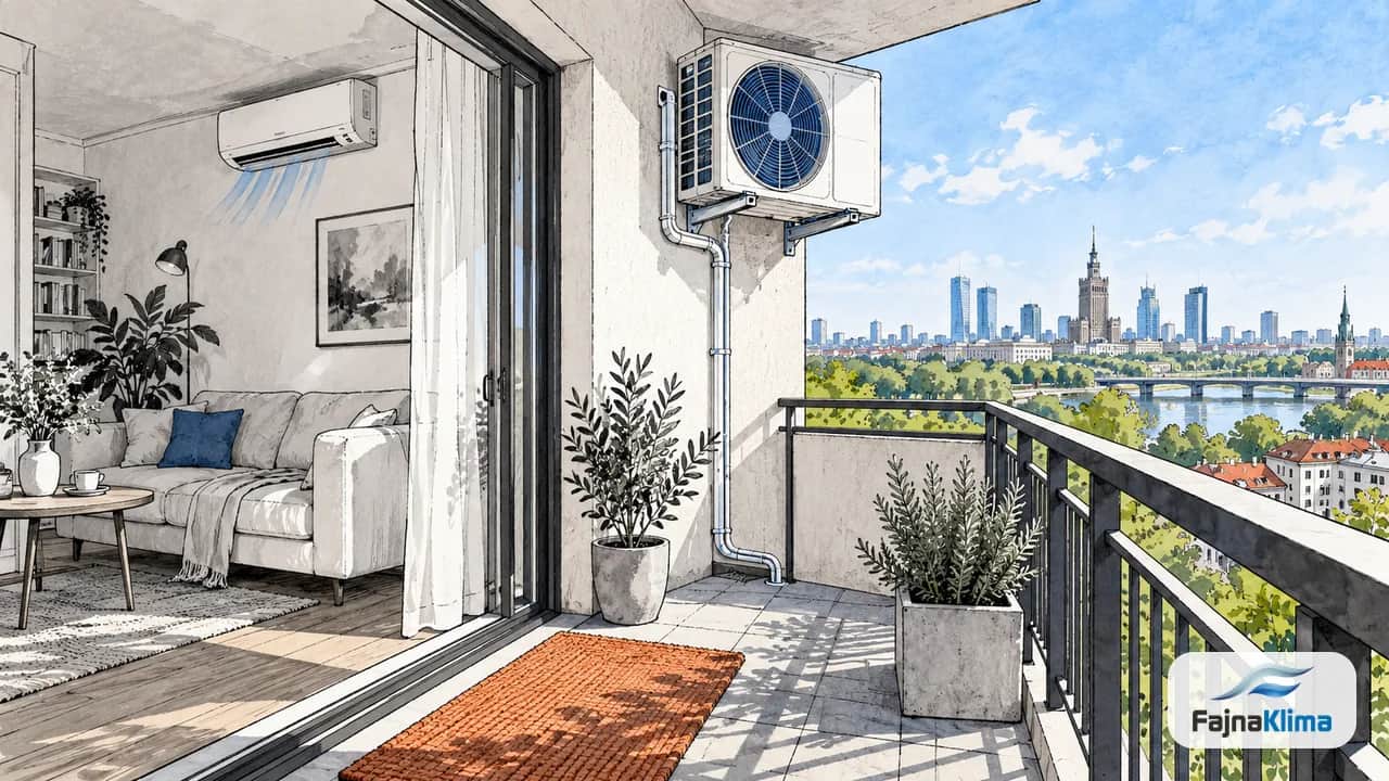 Balkon mieszkania na wynajem z poprawnie zamontowaną jednostką zewnętrzną.