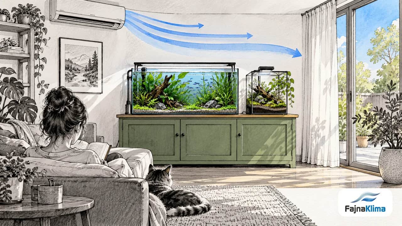 Akwarium i terrarium poza bezpośrednim strumieniem klimatyzacji.